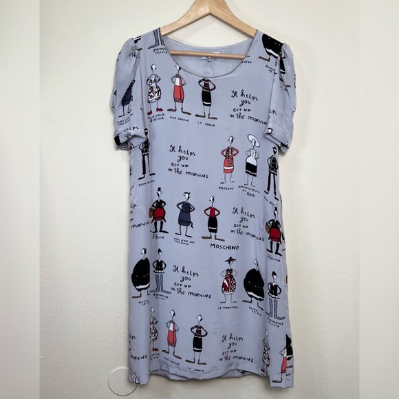 MOSCHINO 100% Silk Gray Cartoon Print Short Sleeve Shift Dress Size 4 - Picture 6 of 12